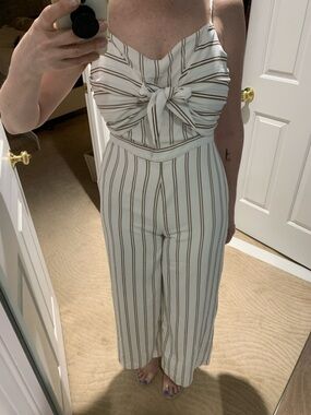 Striped Tie-Front Crop Jumpsuit in Cream and Brown